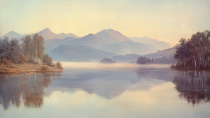 Obraz premium 湖面を覆う霧と霞む山々が織りなす静寂の風景