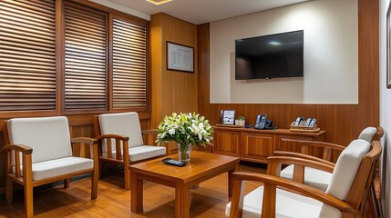 A stylish wooden office waiting room with comfortable chairs, a mounted TV, and a mobile phone on a polished wood table.