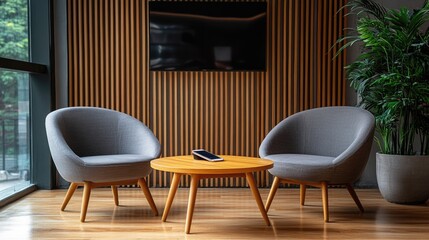 A stylish wooden office waiting room with comfortable chairs, a mounted TV, and a mobile phone on a polished wood table.