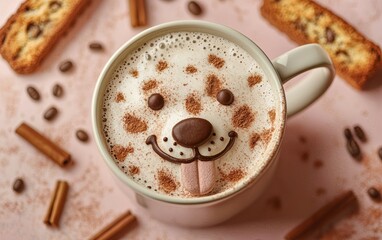 A coffee cup styled as a dog face, with cinnamon dust forming spots and a biscotti for the tongue on a pastel brown surface