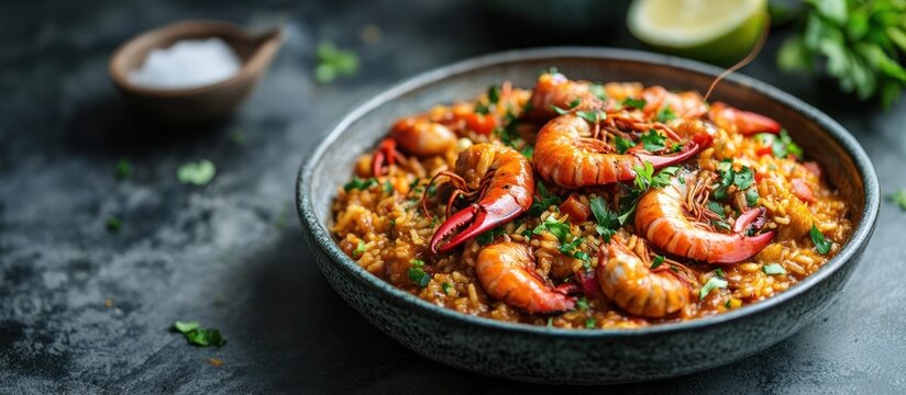 Closeup view of a mouth watering shrimp paella a classic Spanish rice dish made with saffron infused rice succulent shrimp colorful vegetables and aromatic spices