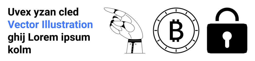 Hand pointing, Bitcoin symbol, lock icon, and Ipsum text. Ideal for cryptocurrency, blockchain security, digital transactions, online privacy, fintech innovation, data protection, cryptocurrency