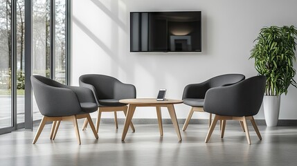 Fototapeta premium Luxurious wooden office waiting room featuring armchairs, a mounted TV, and a mobile phone on a side table.