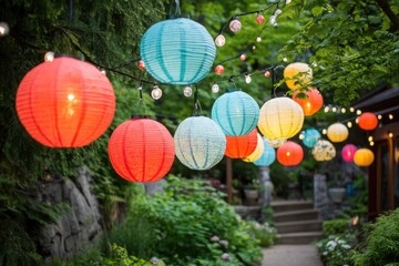 Obraz premium Colorful paper lanterns illuminate a garden pathway