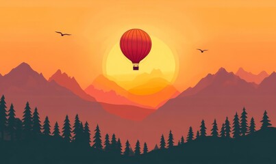 Fototapeta premium Hot Air Balloon Soaring Over Sunset Mountains