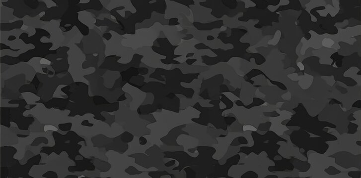 Seamless modern background featuring a black camouflage pattern. Classic clothing style with repeated dark camo print. Monochrome texture