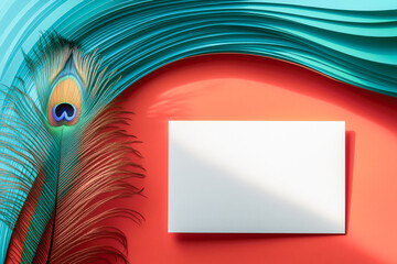 Naklejka premium Party event celebration invitation background, red blue, peacock feather decoration, white copy space, birthday, anniversary, wedding, engagement