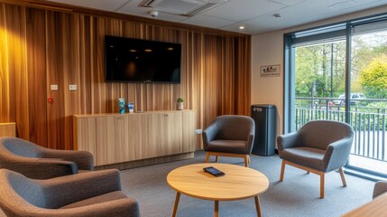 Fototapeta premium Modern wooden waiting room featuring stylish armchairs, a sleek TV on the wall, and a mobile phone placed on a nearby coffee table.