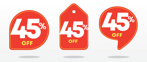 45% off. Special offer sticker, tag, sign. Banner, thirty five percent off, value, price. Red balloon. Shop, advertising, sales, store, promo, discount, profit. Set, icon, vector