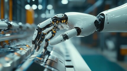 Robotics automation, close-up of robotic hands assembling parts, sleek and futuristic factory setting