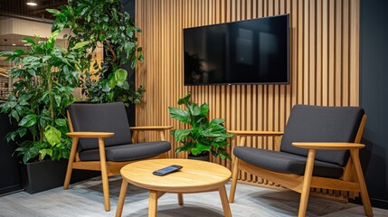 Office waiting room with a warm wooden design, armchairs, an entertainment TV, and a mobile phone on the coffee table.