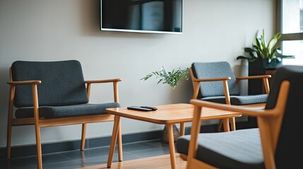 Office waiting room with a warm wooden design, armchairs, an entertainment TV, and a mobile phone on the coffee table.