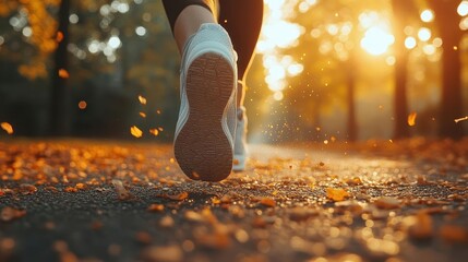 Running in park, close-up of running shoes hitting the ground, motion blur with sunlight