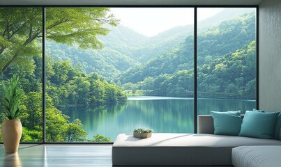 Large Window Showing Lush Greenery And Serene Lake View