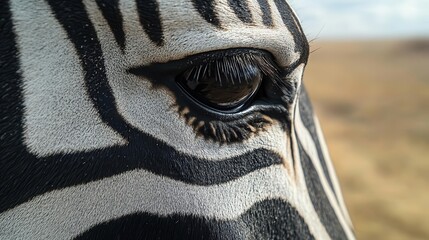 Safari animals in the wild, close-up of zebra stripes, vast African savannah in the background