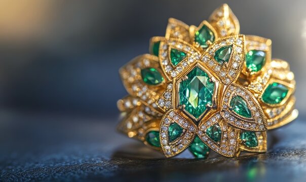 Joyero con esmeraldas y diamantes en oro brillante y formas geometricas, diamantes, oro