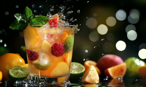Juicy Fruit Cocktail in a Glass Over Dark Background, fiesta, colorido, refresco