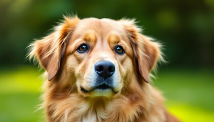 Obraz premium A golden retriever with soulful eyes looking straight ahead, conveys loyalty and warmth, ideal for pet care advertisements or social media posts promoting animal welfare,