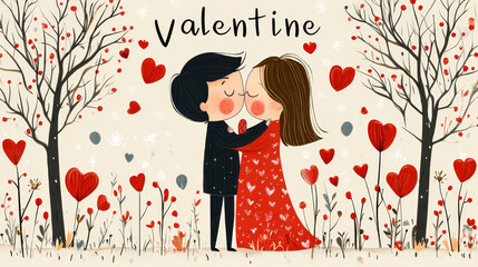 Couple kissing amidst heart-shaped flowers and bare trees; Valentine's Day scene.
