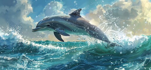 Fototapeta premium Dolphin leaping over ocean wave, sunny sky.