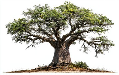 A baobab tree with its massive trunk and sparse green foliage against a white backdrop