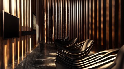 Wooden waiting area with stylish chairs, a TV for guest relaxation, and a mobile phone casually placed on the seat.