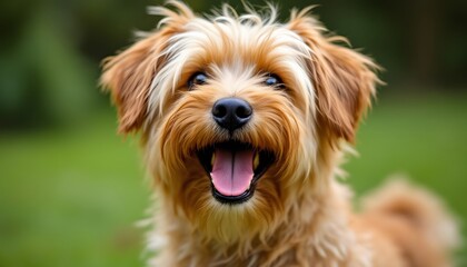 Joyful and fluffy brown dog with bright eyes and open mouth looking up - innocence and happiness - suitable for social media pet campaigns or children,s books