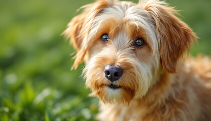 Close-up of a sweet brown furry dog with a gentle gaze, conveying warmth and companionship, ideal for pet care ads or social media posts about animal adoption