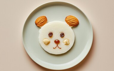 A dessert plate with a mouse face crafted from coconut pudding, almond slices for ears, and raisins for eyes on a pastel beige backdrop