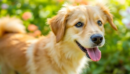 Happy Golden Retriever enjoying nature with tongue out, conveying joy and warmth, suitable for pet blogs and social media updates