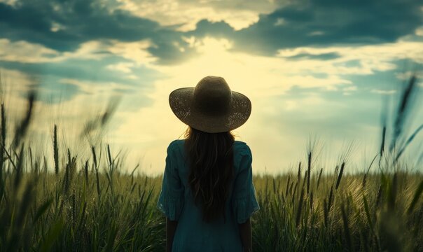 Mujer con choclos y sombrero de paja en el campo, campo abierto, naturaleza, paisaje