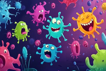 Playful cartoon viruses engage in a whimsical battle with antibodies in vibrant colors. Generative AI