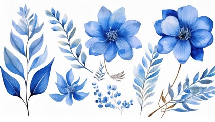 Vibrant Watercolor Set of Blue Flowers, Leaves, and Twigs on a White Background A Symphony of Natures Hues