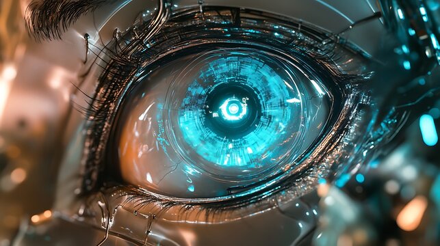 Close-up of a futuristic, robotic eye with glowing blue iris.