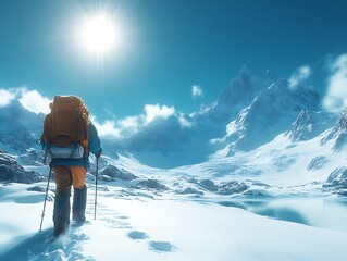 Lone Hiker's Serene Winter Ascent: Majestic Peaks, Serene Blue