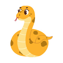 Cute illustration of a smiling yellow snake with brown spots and big expressive eyes. Perfect for children’s books, educational materials, and animal-themed designs.
