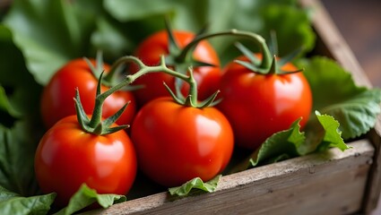 Freshly picked vibrant red tomatoes on the vine nestled in green leaves, evoking natural goodness and wholesomeness - suitable for food blogs or healthy eating promotions
