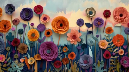 Vibrant paper flowers in a field, sunset backdrop.