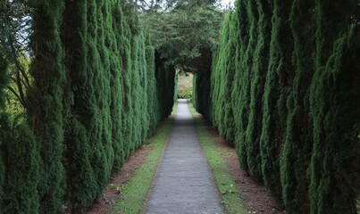 Obraz premium Narrow walkway between towering coniferous trees, coniferous forest, narrow path, leafy canopy