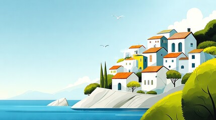 Fototapeta premium A stunning depiction of homes perched atop a cliff edge, overlooking a serene water expanse with soaring seagulls gracing the sky