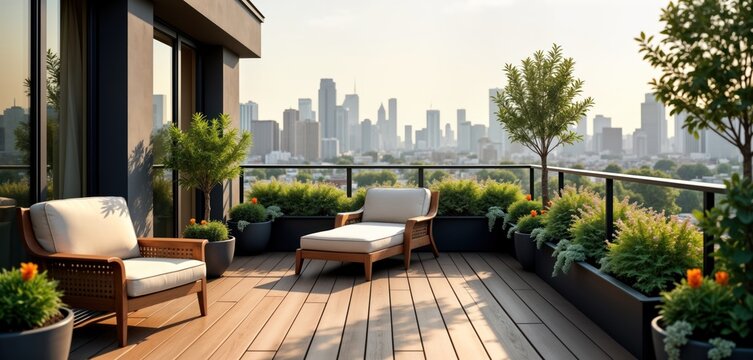 Stylish modern urban terrace with city view. Wooden deck has comfy furniture and potted plants. Relaxing atmosphere with greenery and city skyline. Perfect for enjoying summer days or evenings.