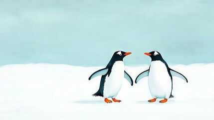 Obraz premium Two penguins huddle on a snowy field beneath the blue sky