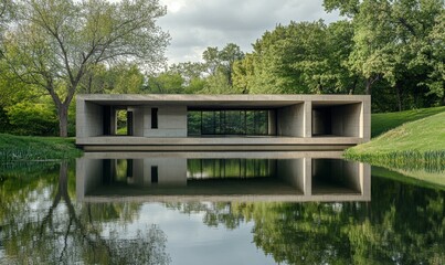 Obraz premium Modern Concrete House Reflecting In Still Water