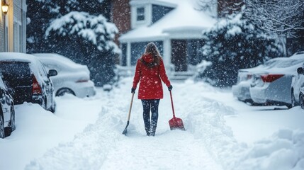 Woman removing snow with two shovels in snowy residential area