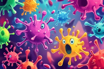 Colorful cartoon viruses engage in a playful battle with antibodies in a whimsical animated environment. Generative AI