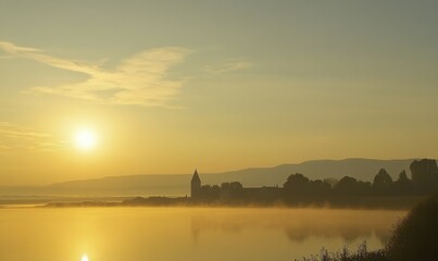 misty atmosphere over lake Neusiedl at sunset, sky, Neusiedl