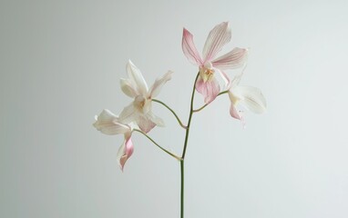 Fototapeta premium A blooming orchid with delicate white and pink flowers on a tall green stem on a bright white backdrop