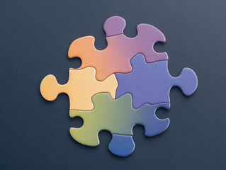 Obraz premium Top Down Close Up of Puzzle Pieces in Variated Colors Isolated on a Dark Blue Background - Business Strategy, Making Things Work Together, Cooperation, Teamwork, Fitting In, Working Well Together
