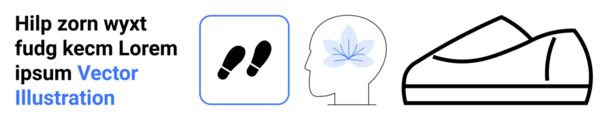Text block beside icons of footsteps, human profile with leaf, slip-on shoe. Ideal for health, fitness, mindfulness, mental relaxation, physical activity, exercise promotion, lifestyle. Landing page