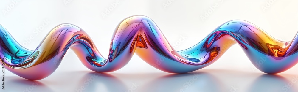 Poster Colorful iridescent metallic glass shapes create twisted graphic design. Abstract liquid-like forms flow, twist creating three-dimensional effect. Shapes isolated against plain white background.